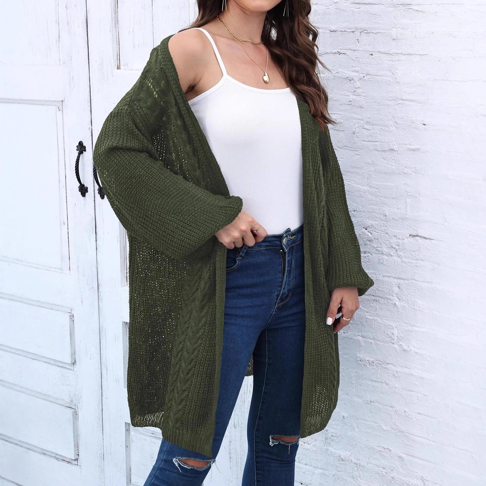 Women's loose acrylic sweater coat cardigan in five colour options including army green and rose red