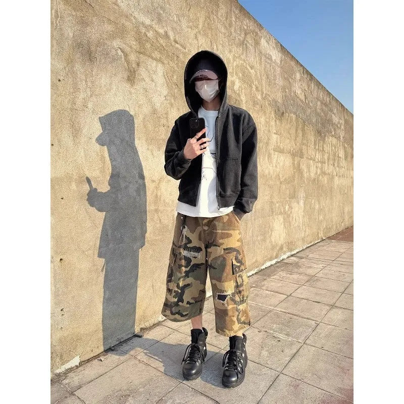 Men's camouflage cropped jeans with retro patch ripped detailing and straight-leg fit