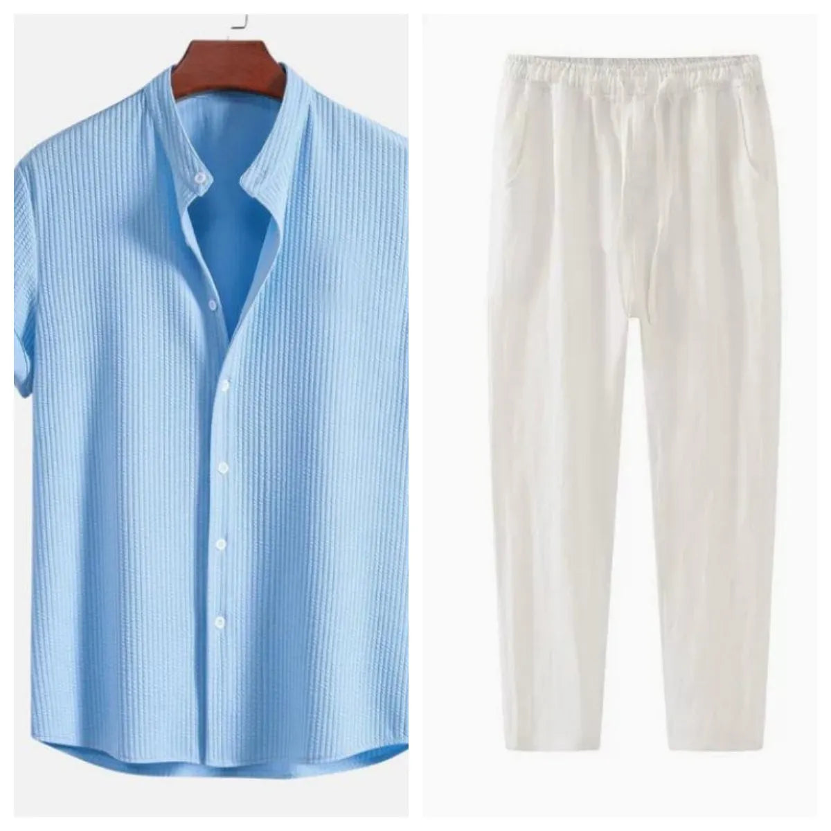 Man wearing a loose-fit short sleeve casual shirt in a solid colour, available in multiple sizes.