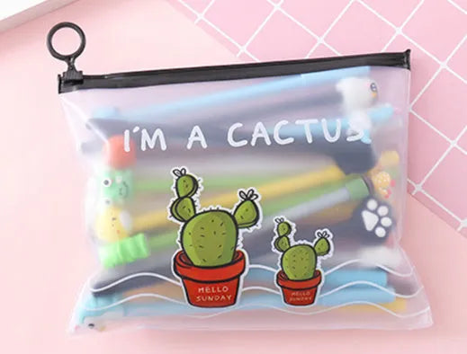 Marvel-themed 20 black gel pens with cartoon cactus designs in plastic storage case