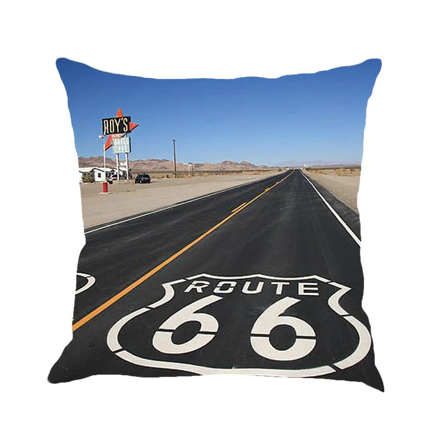 Linen cushion cover with US Route 66 scenic landscape print, shown in one of six available colours.