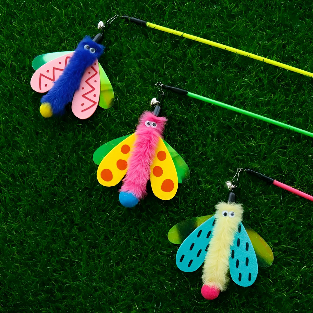 Blue cat wand toy with a dragonfly-shaped attachment and bell on a 49cm stick