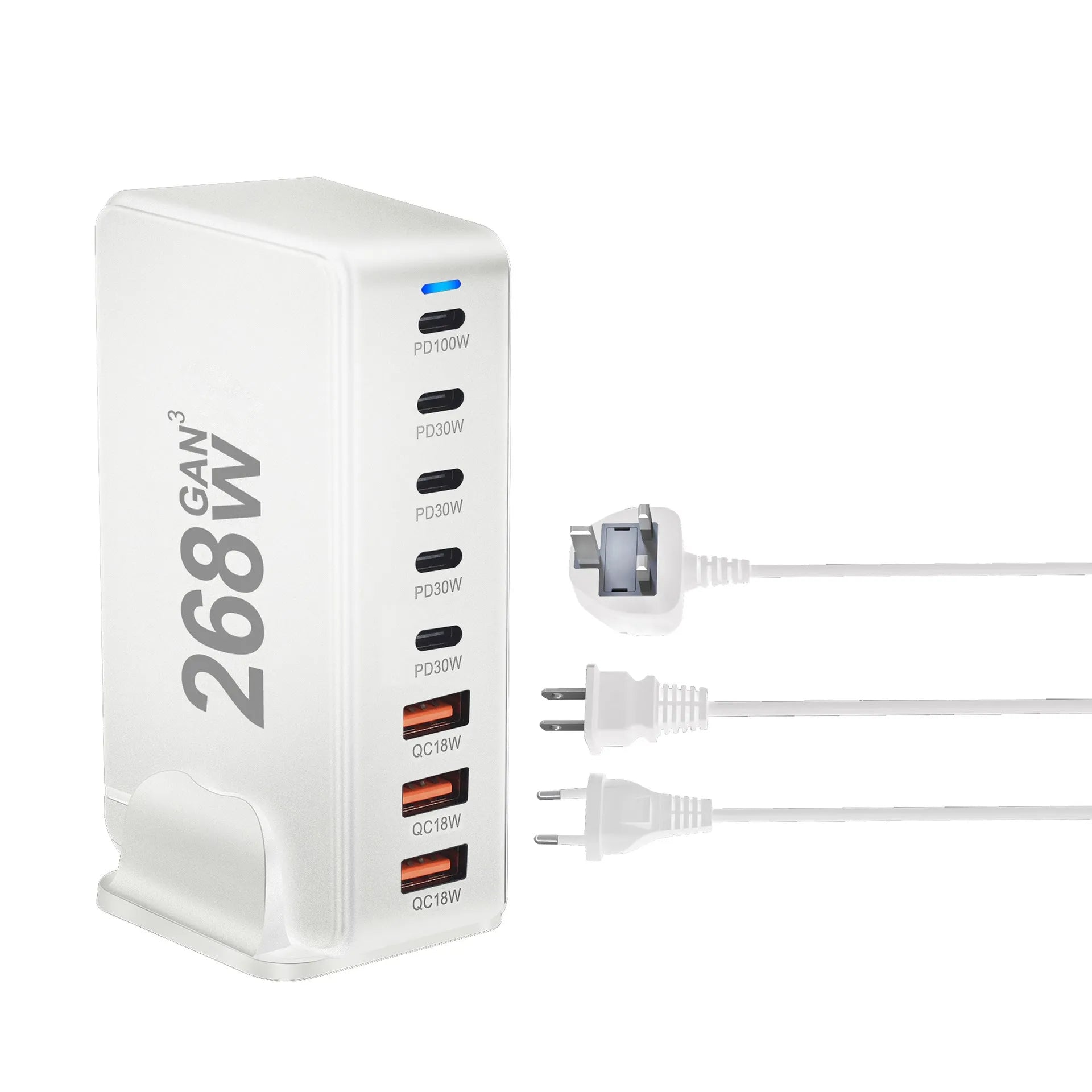 268W gallium nitride desktop charger with eight ports, white colour, Type-C and USB-A connections