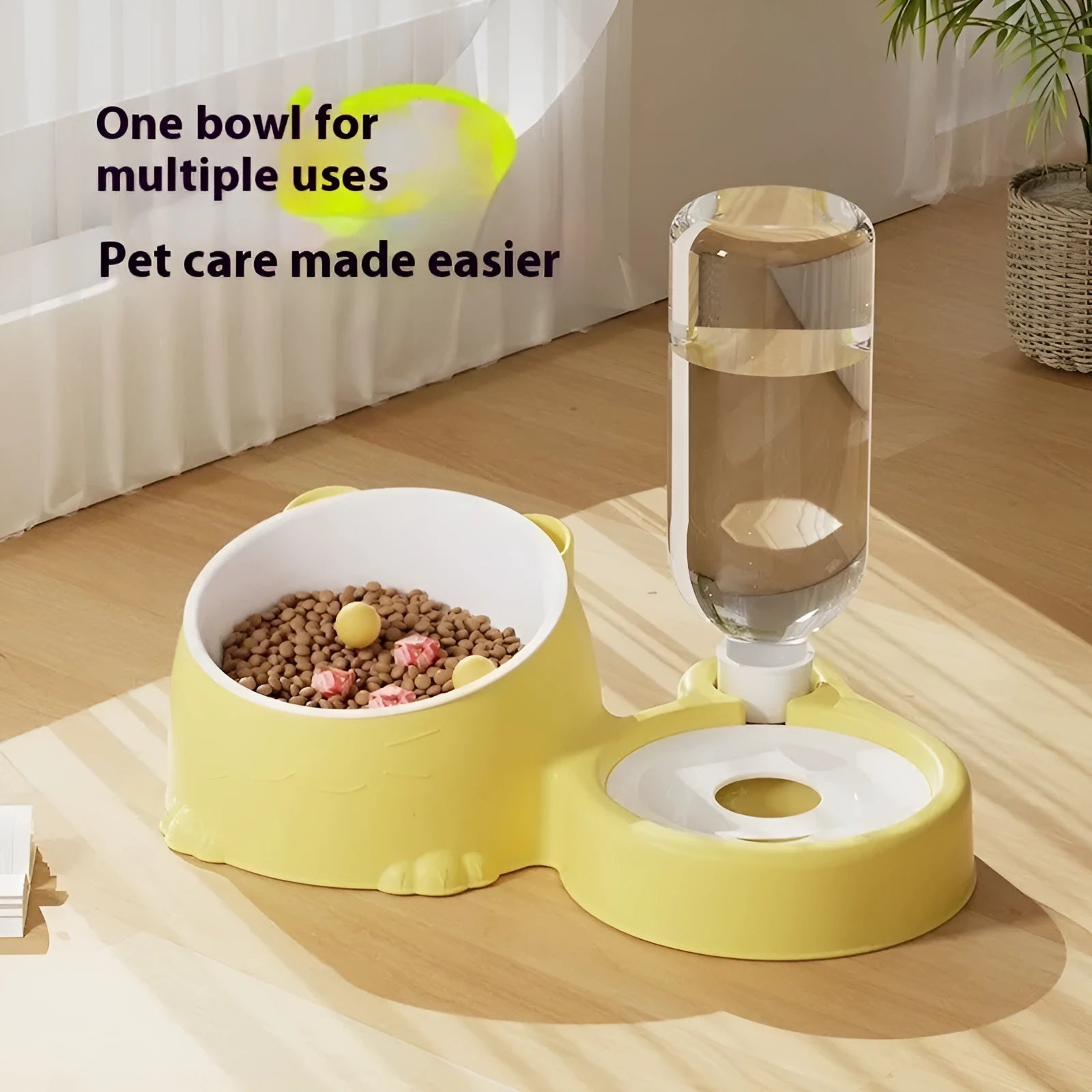 Automatic cat feeding basin with double bowl design and gravity water dispenser in choice of four colours