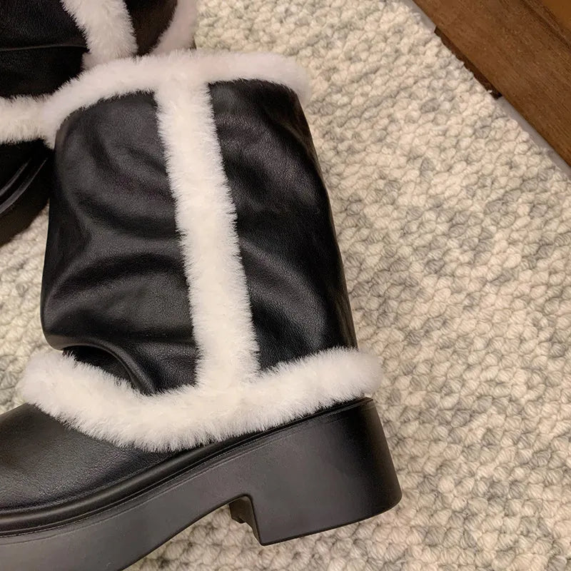 Women's winter faux fur lined short boots with thick sole and plush trim in black