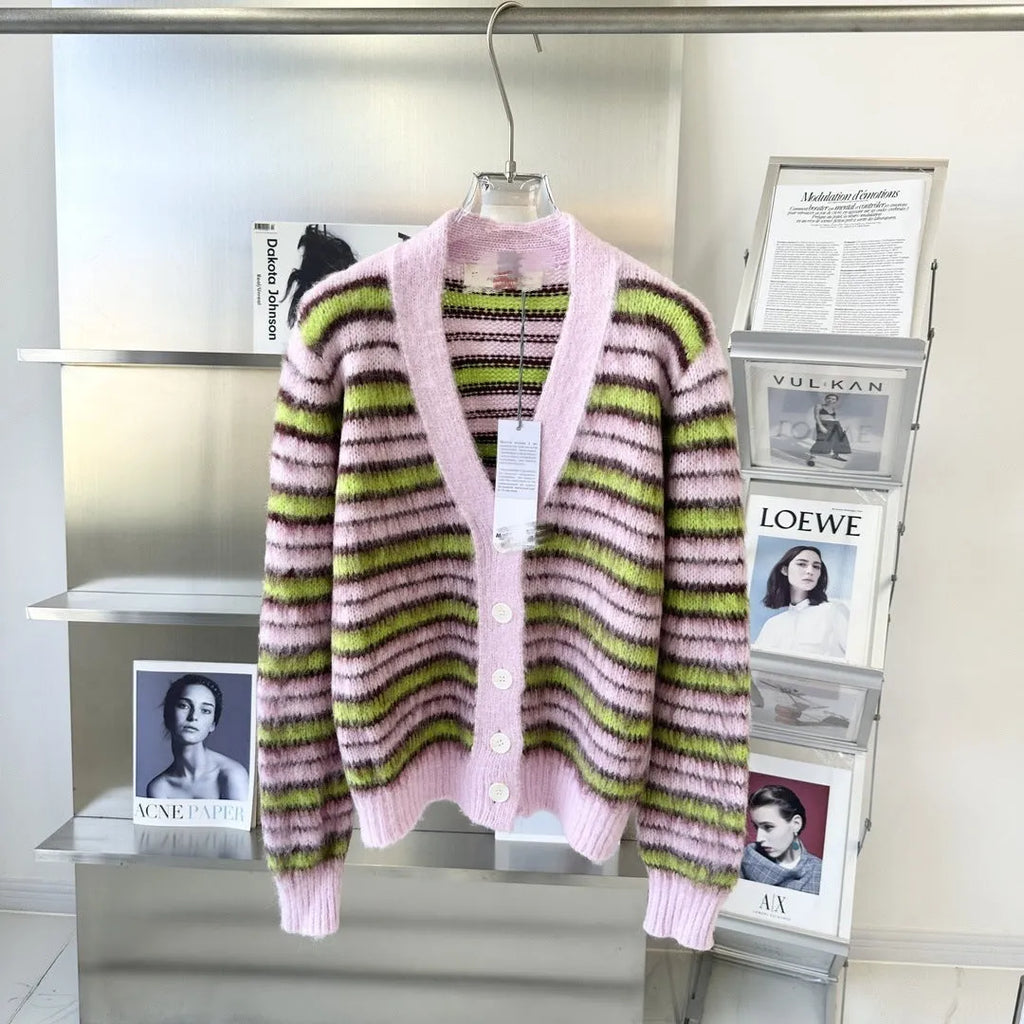 Pink Haima wool knitted cardigan sweater with regular sleeves and napped texture