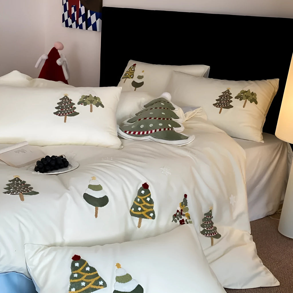 Pure cotton bedding set with embroidered Christmas tree design in plants pattern