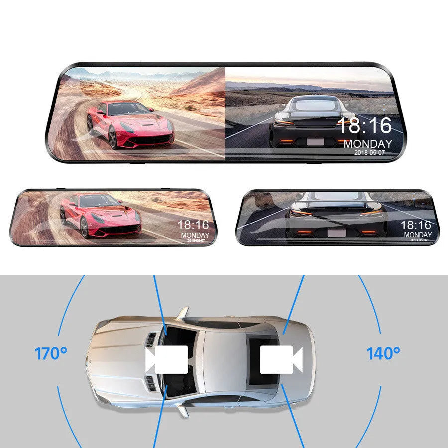 10-inch black rearview mirror driving recorder with 170-degree wide-angle lens and 12MP camera installed over car mirror