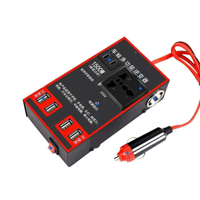 Black 150W car power converter with 220V socket and four USB charging ports
