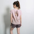 Ladies short sleeve polyester sports t-shirt for yoga and running in grey green colour