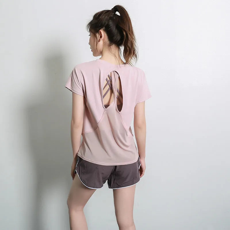 Ladies short sleeve polyester sports t-shirt for yoga and running in grey green colour