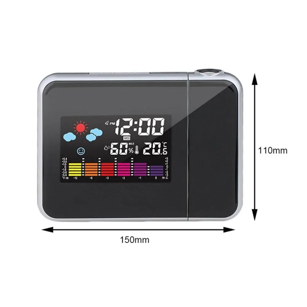 Black digital projection alarm clock with LED display showing temperature and humidity readings
