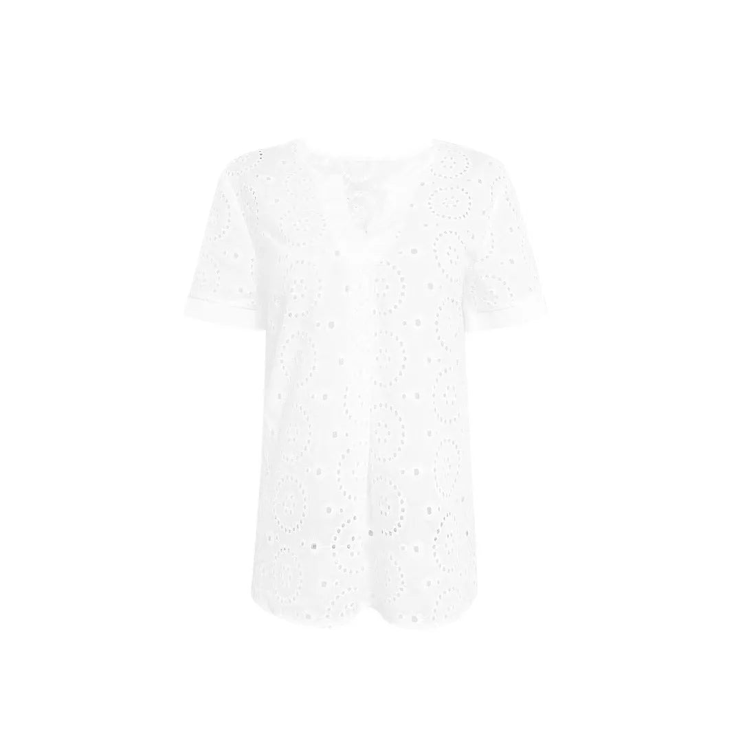 White women's V-neck short sleeve T-shirt with hollow-out detail in a loose fit