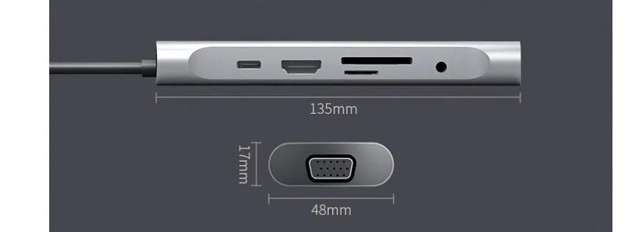 Grey aluminium USB-C docking station with HDMI, VGA, USB ports, and a short cable.
