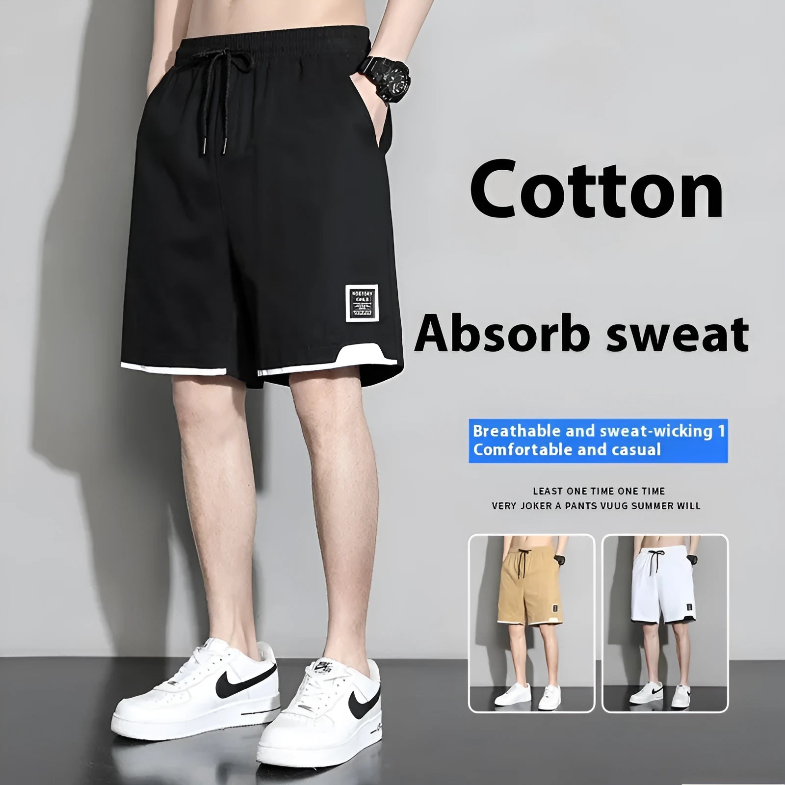 Boys cotton shorts in black, khaki, or white, shown in a loose-fitting Japanese style for summer.