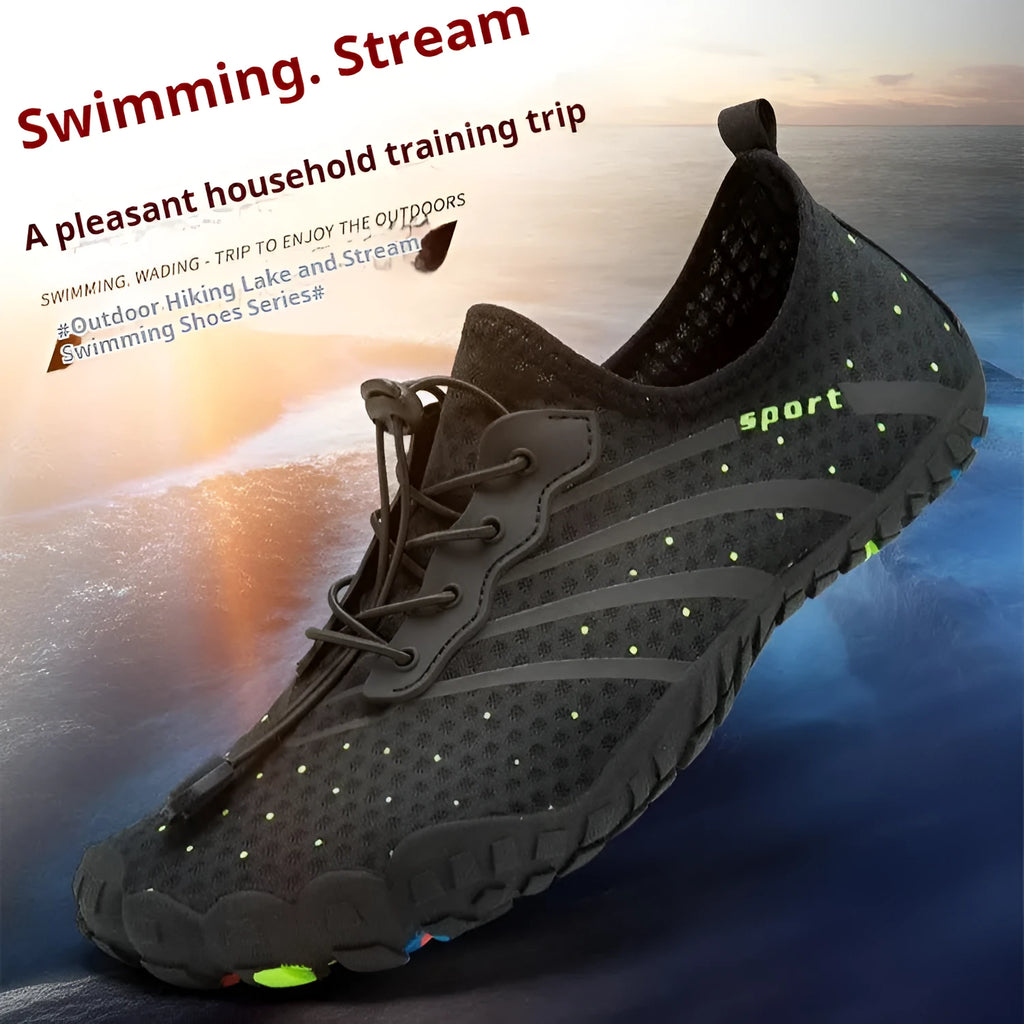 Low-top mesh wading shoes in army green colour with natural rubber soles for outdoor water activities