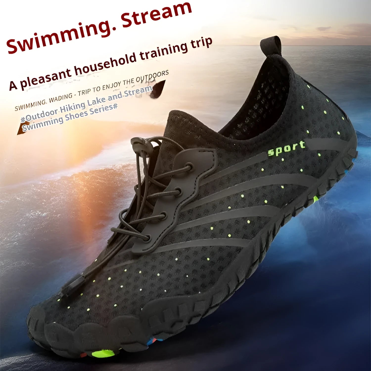 Low-top mesh wading shoes in army green colour with natural rubber soles for outdoor water activities