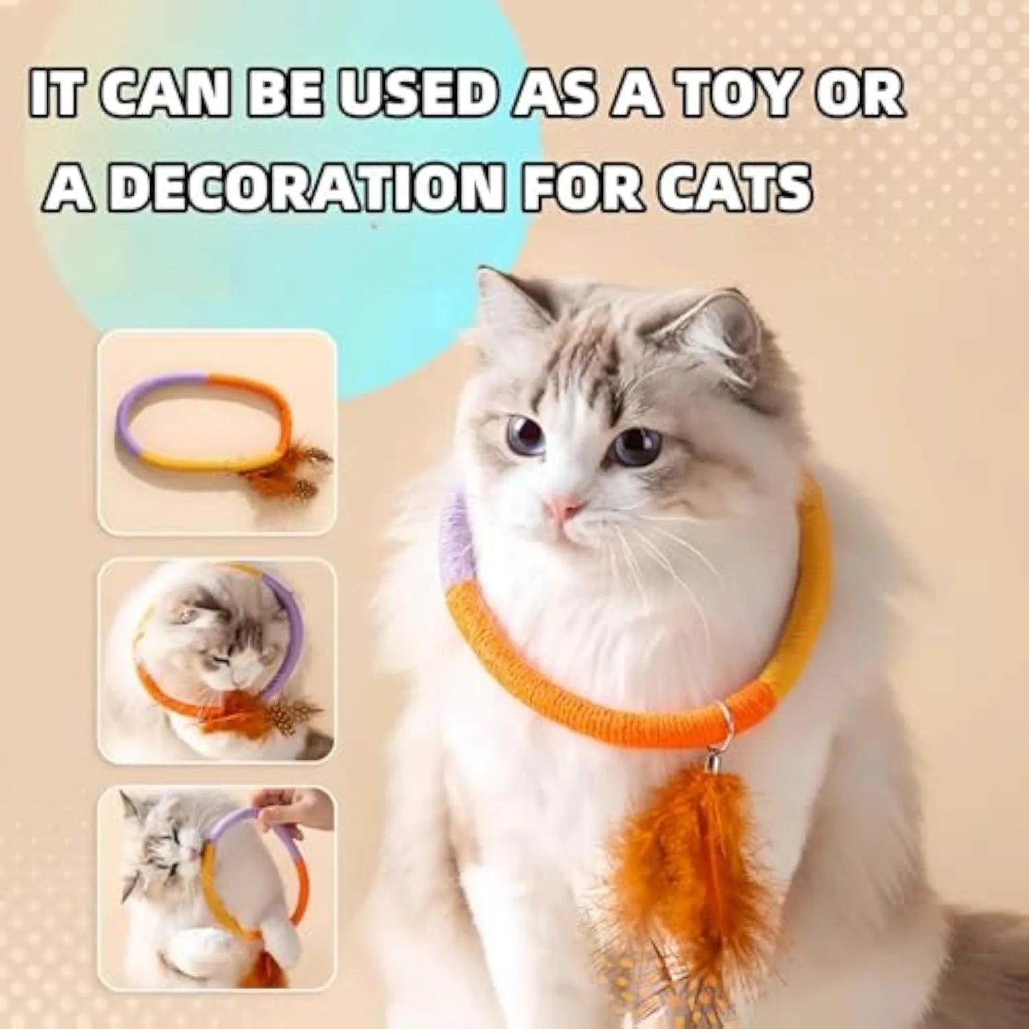 Green circular cotton rope cat toy with white feathers and catnip for chewing and play