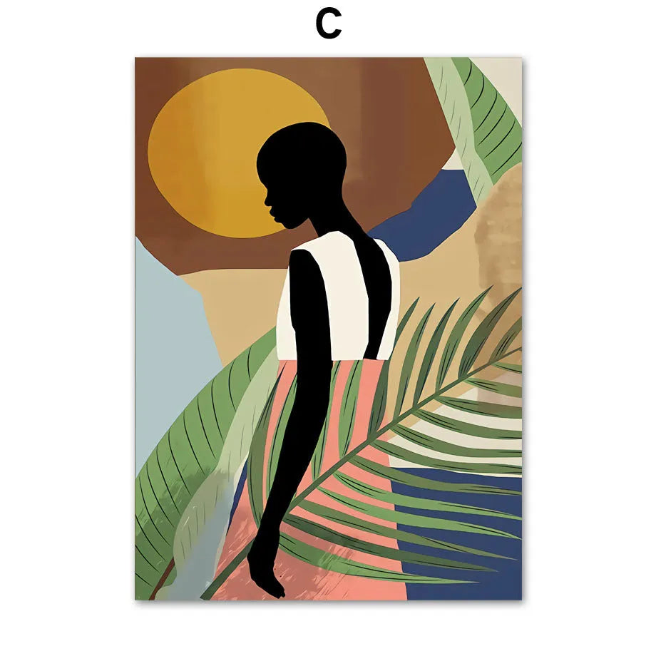 Abstract African women flower leaf mural art canvas painting spray paint on oil canvas unframed rectangular shape
