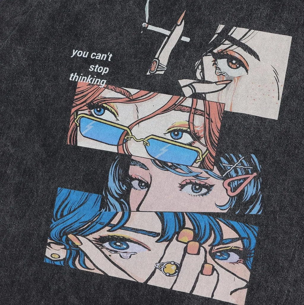 Men's loose fit cotton T-shirt with cartoon digital print in washed black colour