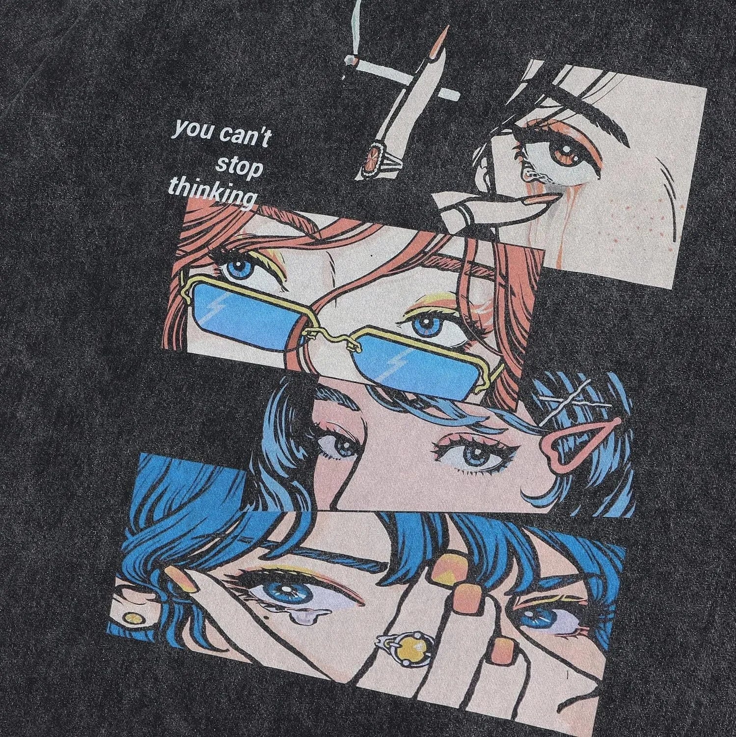 Men's loose fit cotton T-shirt with cartoon digital print in washed black colour