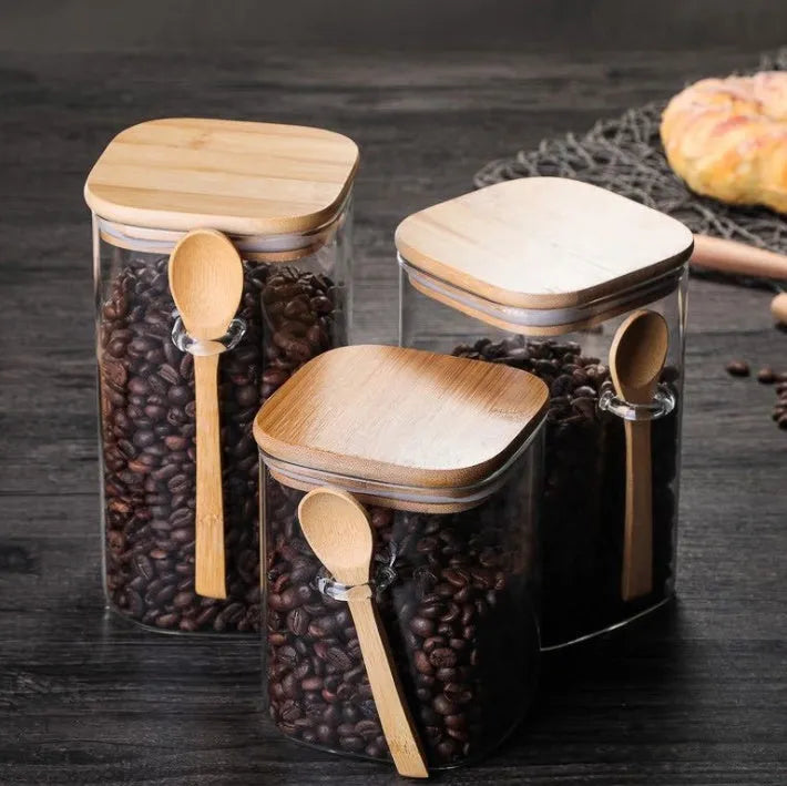 Square glass kitchen food storage can with lid in Japanese style, 1000ml capacity