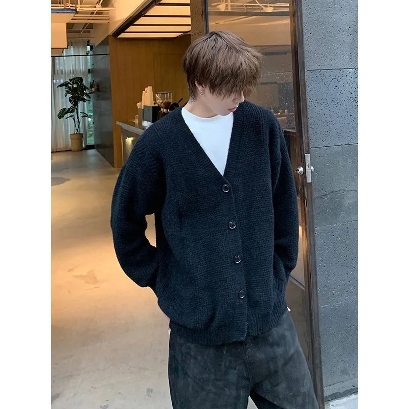 Men's loose fit V-neck cardigan sweater in Army Green solid colour, casual long sleeve design.