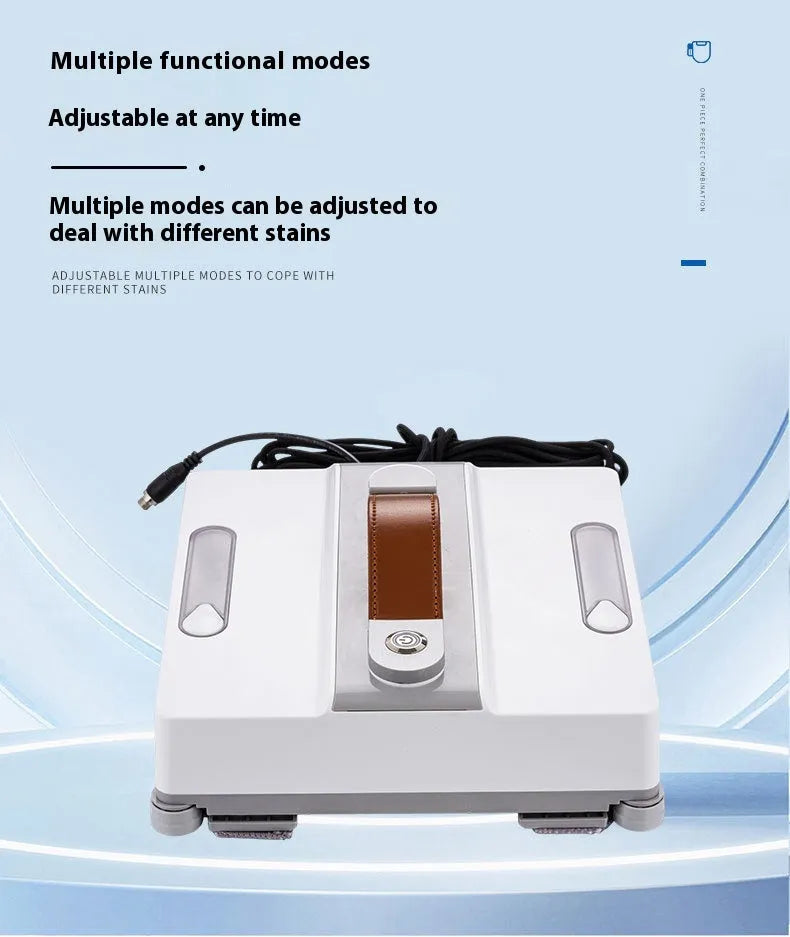 White intelligent window cleaning robot with compact design on a window pane