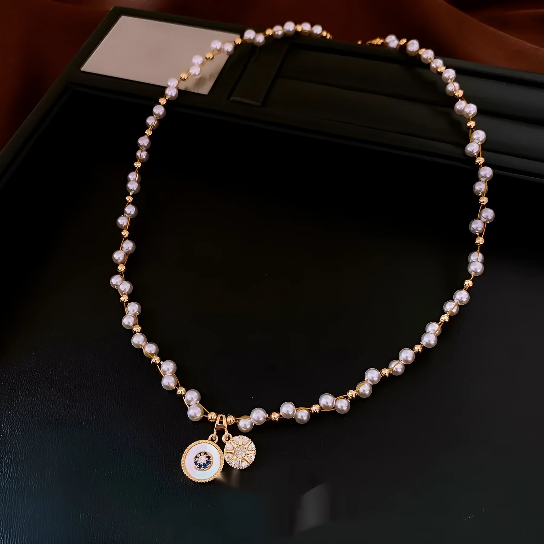Golden-white real gold electroplated necklace with round zircon pearl pendant on clavicle chain