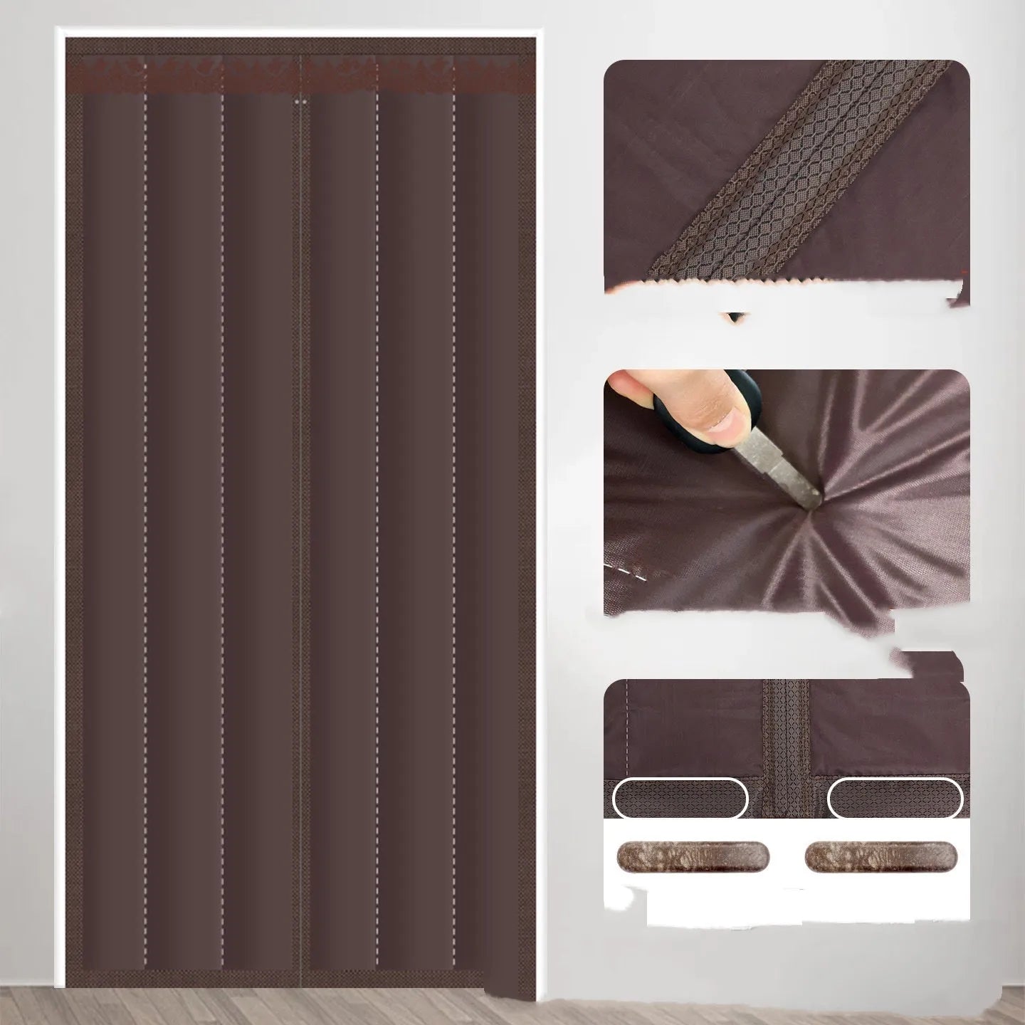 Full seam long magnetic strip cotton door curtain in grey diamond lattice pattern hanging in a doorway.