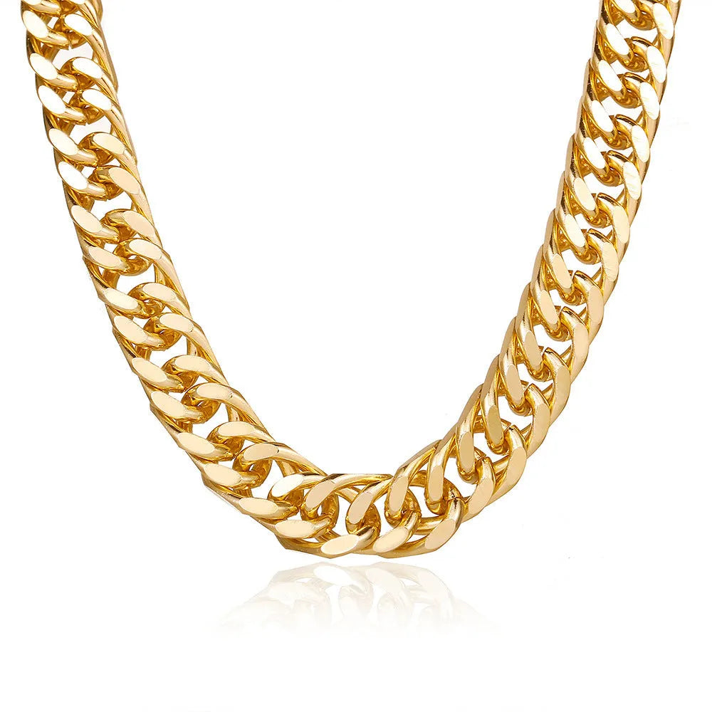 Women's gold coloured thick chain alloy necklace showing 32cm length and 6cm wide links.