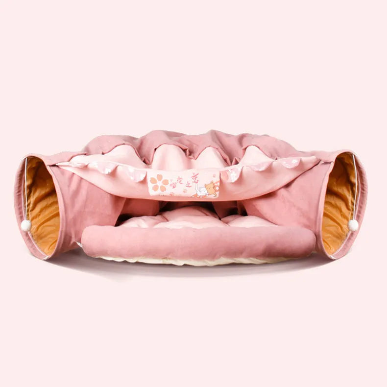 Collapsible cat tunnel toy in Bar colour design showing folded and expanded states