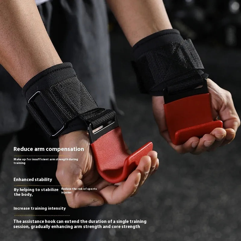 Horizontal bar pull-up power assist grip hook in black for weightlifting training with padded wrist support