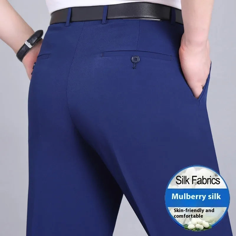 Men's straight-leg business trousers with high waist in mulberry silk blend fabric