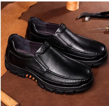 Men's black business casual leather slip-on shoes with rubber sole for office wear