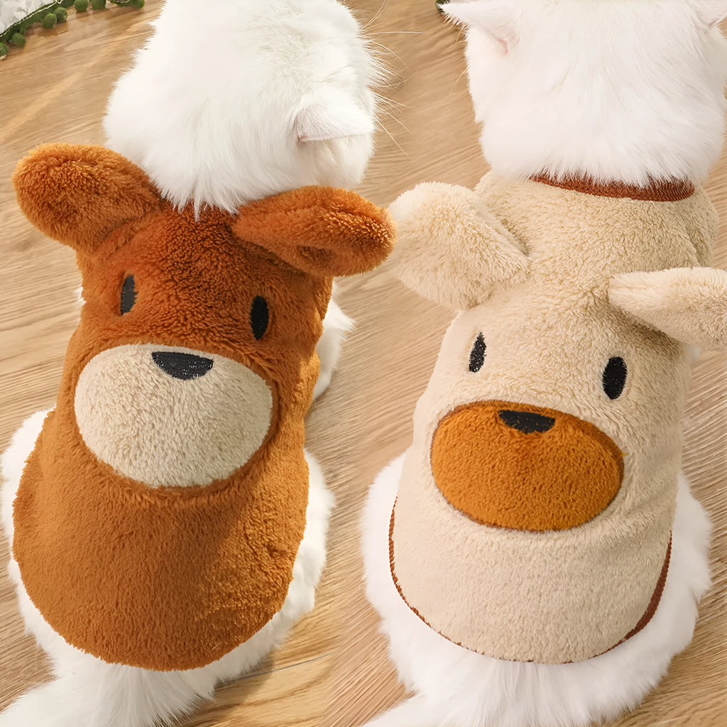Fleece-lined cream polyester dog coat with bear ears on a small pet, available in sizes XXS to XL for 1-12kg dogs