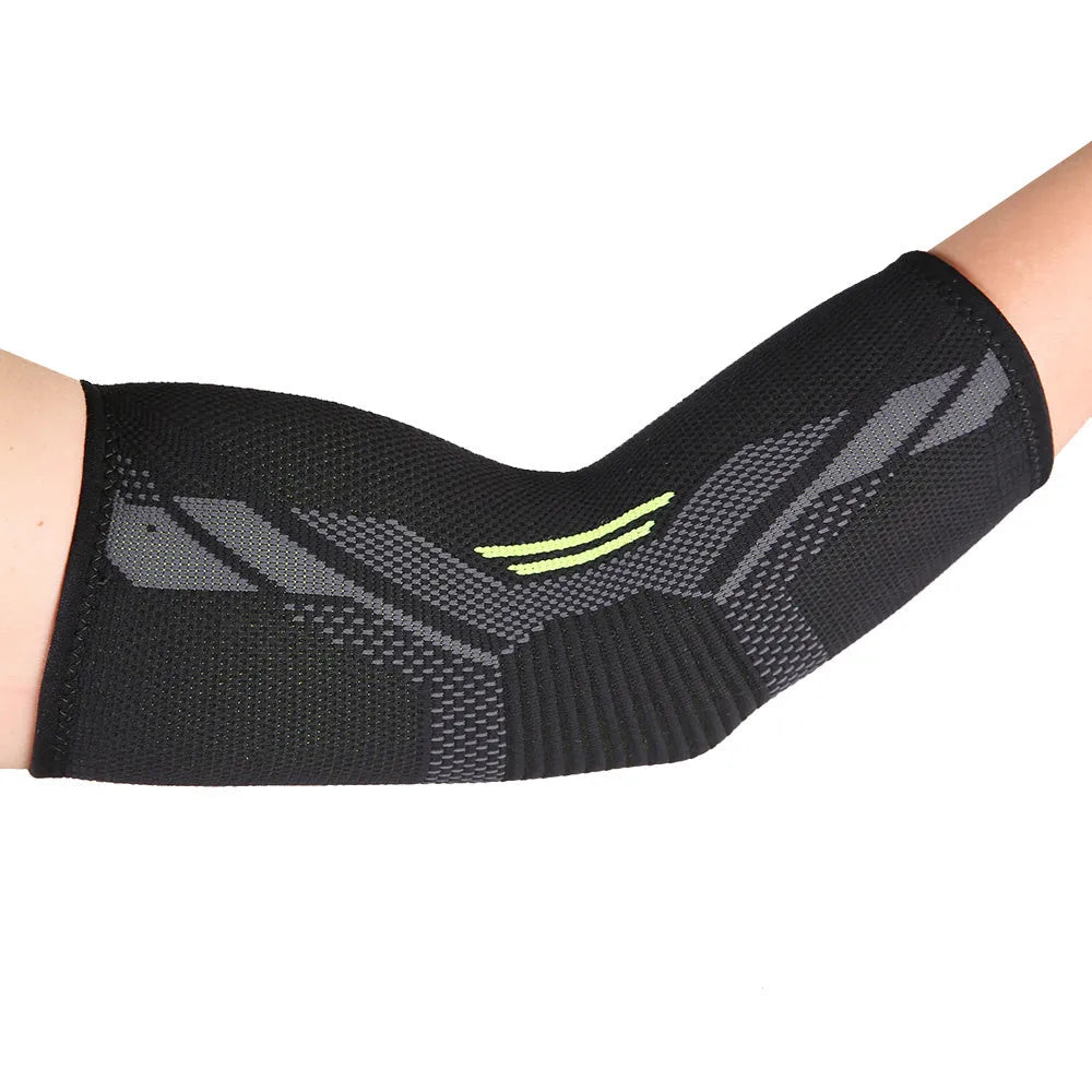 Black elbow support compression sleeve with anti-slip knitted design on a person's arm.