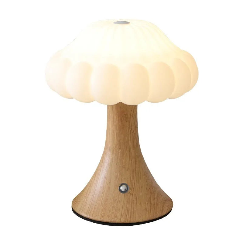 Mushroom-shaped night light with touch controls and USB port in wood grain finish