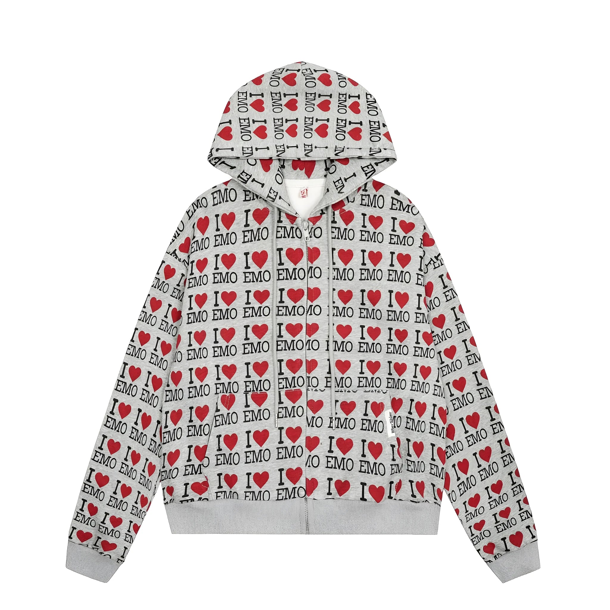 Women's grey hooded cardigan with a colourful autumn-themed retro pattern print on the front.
