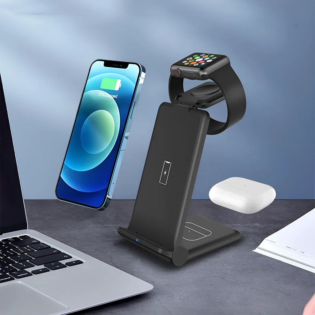 White 3-in-1 wireless charging station dock for phone, Apple Watch and AirPods with foldable design.