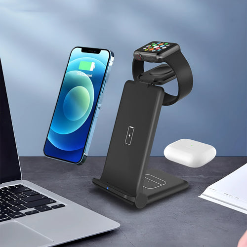 White 3-in-1 wireless charging station dock for phone, Apple Watch and AirPods with foldable design.