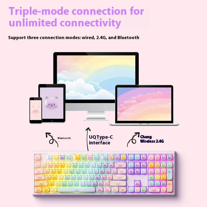 Coloured sugar cat themed mechanical keyboard with Bluetooth connectivity in MG108B colour
