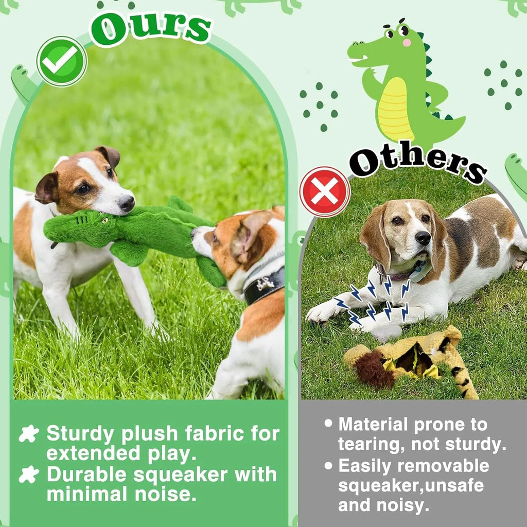 Green crocodile plush dog toy with no stuffing for safe chewing by small and medium dogs