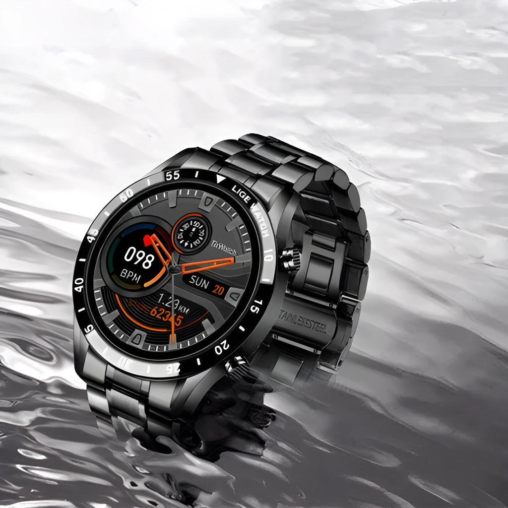 Stainless steel smart watch with 1.3 inch touchscreen display showing step count on black or silver wristband