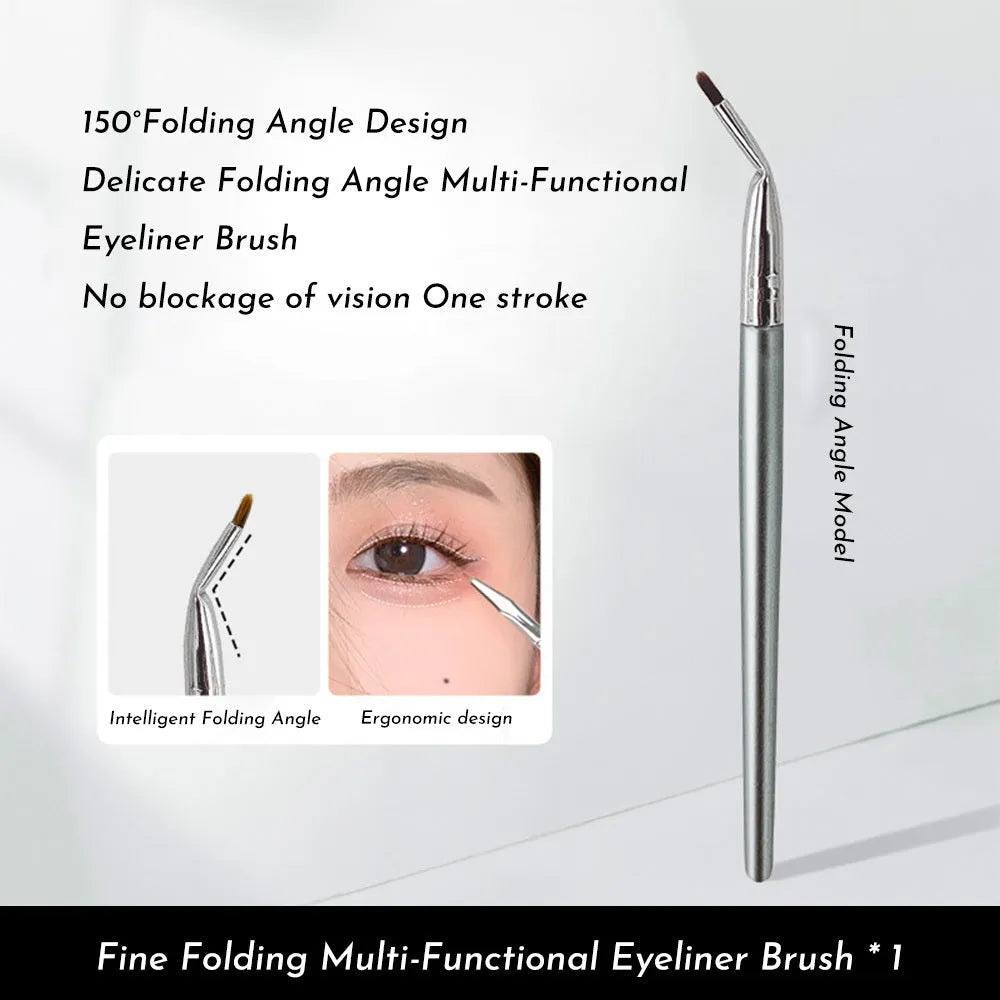 Angled bend head fine tip synthetic eyeliner brush for under eye concealer and detail work.