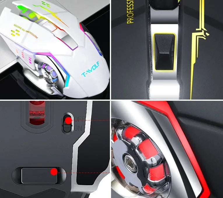 Black and white wireless silent mouse with six buttons and USB receiver