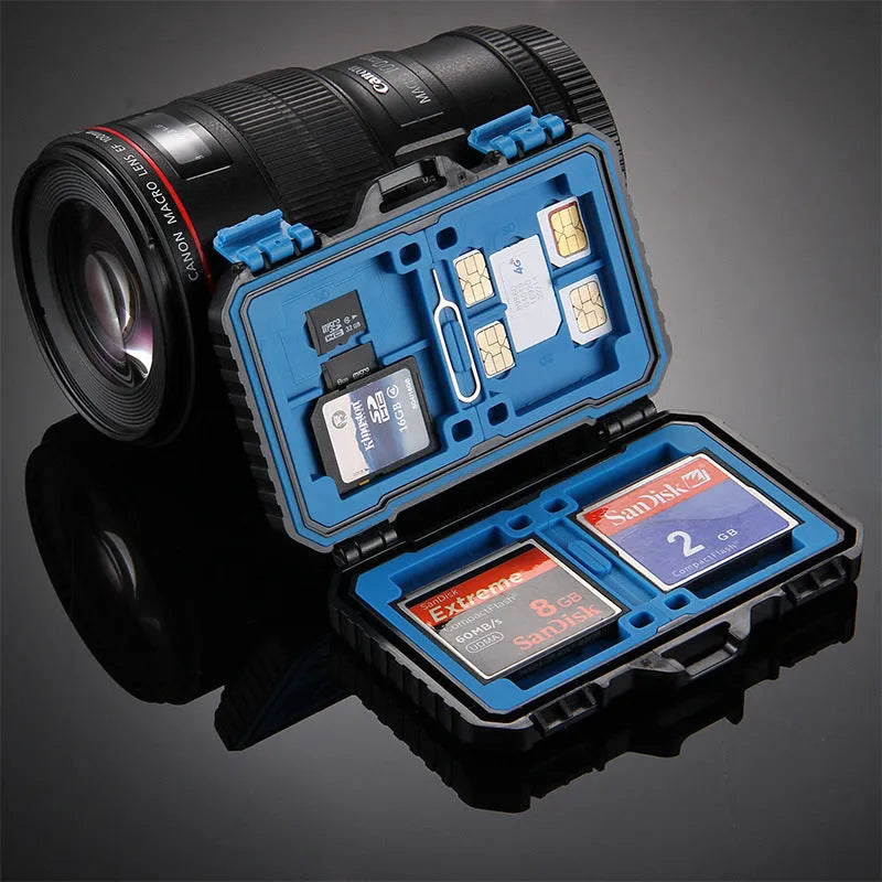 Black waterproof memory card case with ABS polycarbonate body and blue TPV seal, holding multiple cards