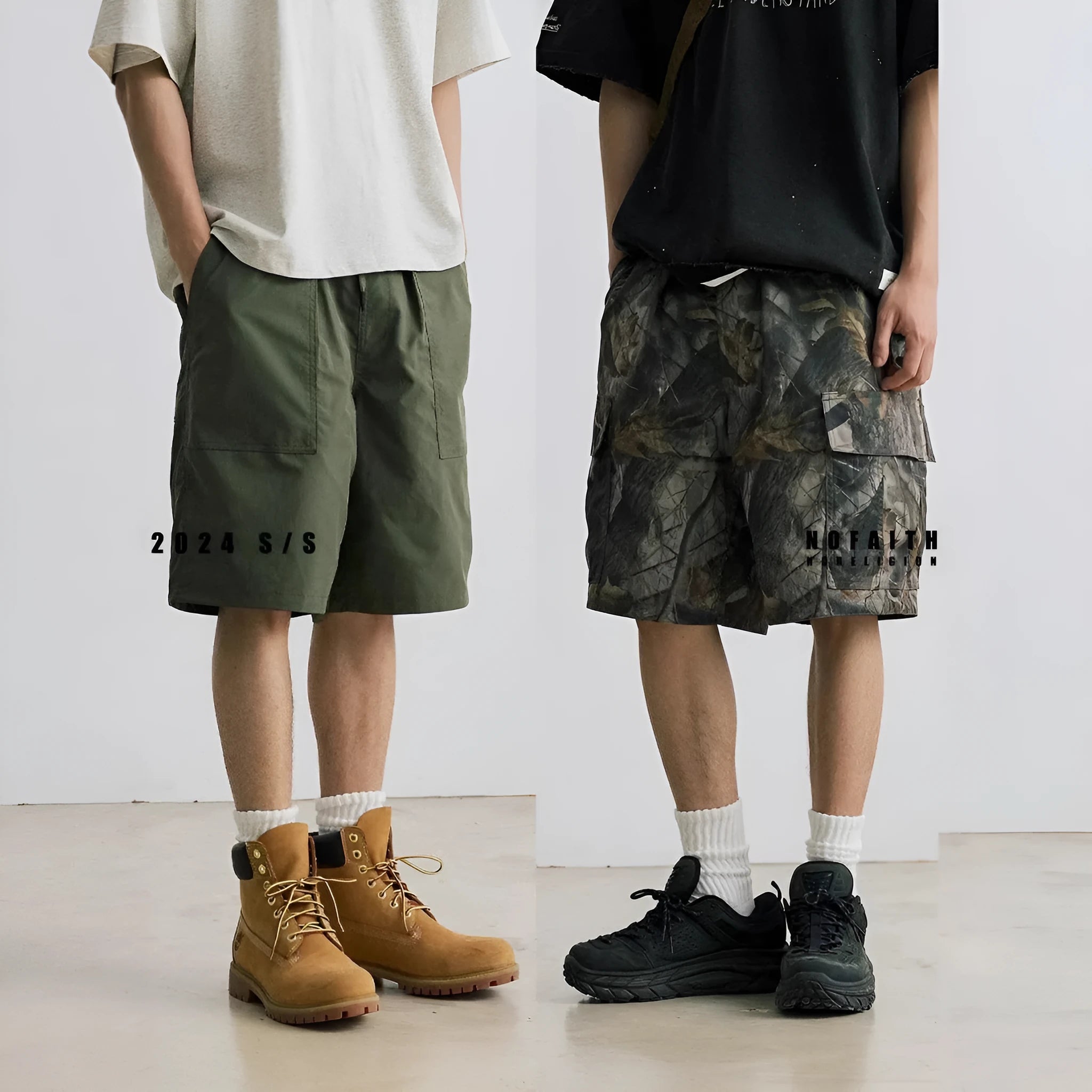Men's loose fit straight-leg denim shorts in army green colour with a mid waist and zip fly.