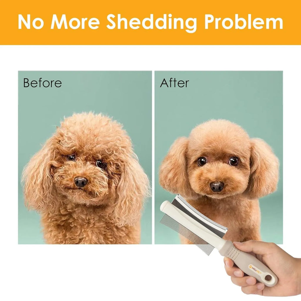 White double-sided pet grooming brush with curved comb and deshedder on an ergonomic anti-slip handle