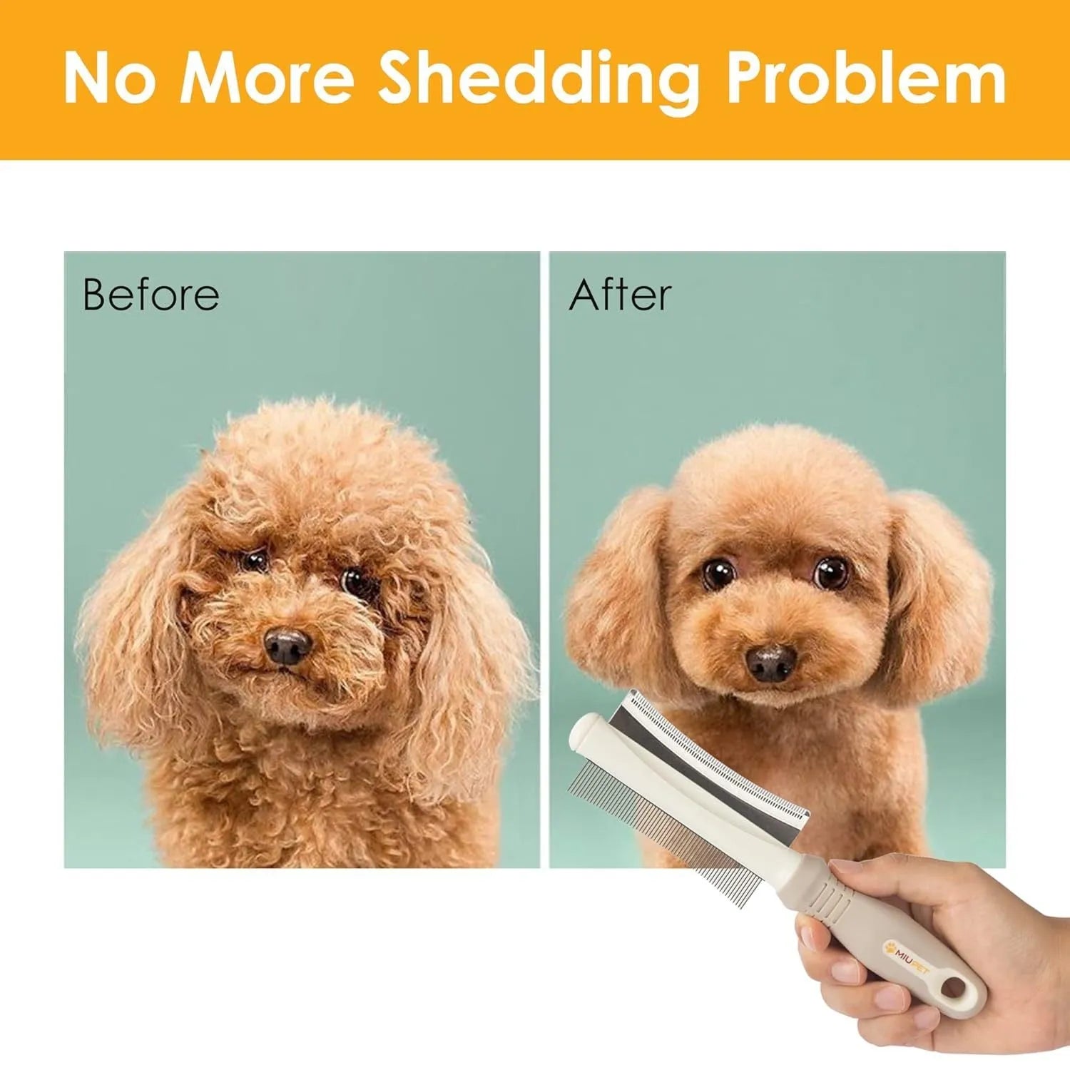 White double-sided pet grooming brush with curved comb and deshedder on an ergonomic anti-slip handle